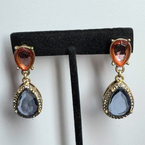 Vintage Gold Tone Dangling Pierced Earrings Teardrop Glass Pink & Blue - Picture 2 of 7